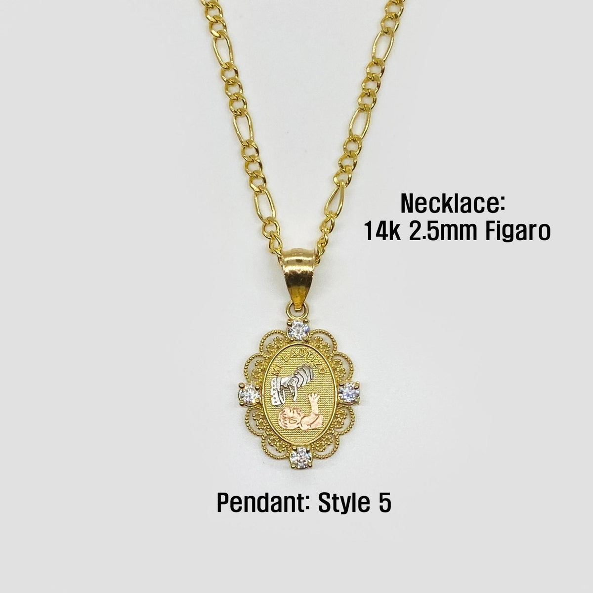 14k gold Style 5 fancy oval baptism pendant attached to a 2.5mm Figaro chain