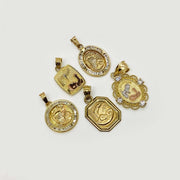 Five different 14k gold baptism pendant charms displayed on a light background.