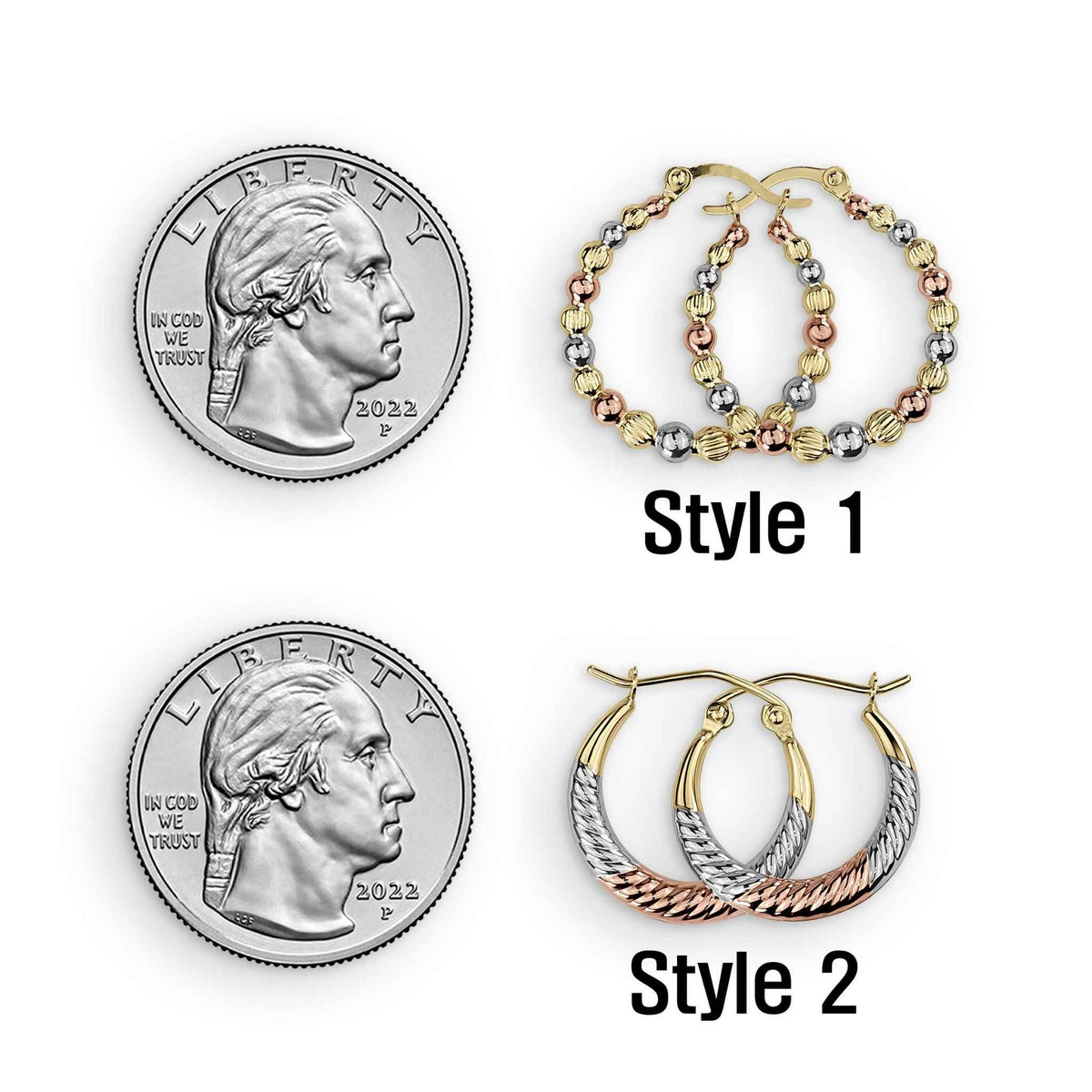 4k tricolor gold Style 1 and Style 2 mini hoop earrings shown next to quarter.
