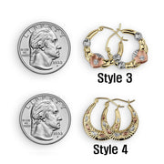 14k tricolor gold Style 3 and Style 4 mini hoop earrings shown next to quarter.