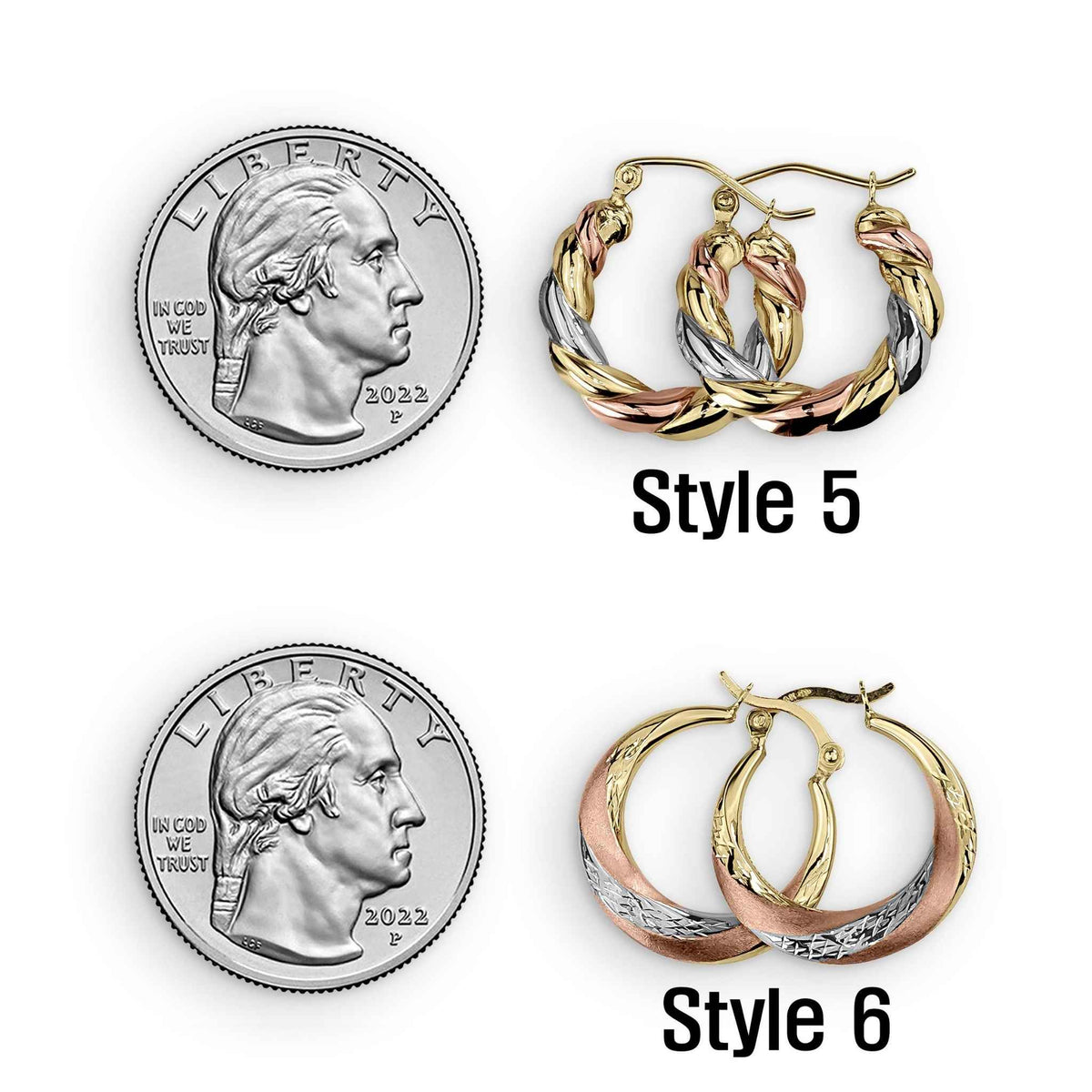 14k tricolor gold Style 5 and Style 6 mini hoop earrings shown next to quarter.