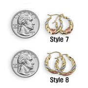 14k tricolor gold Style 5 and Style 6 mini hoop earrings shown next to quarter.