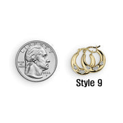 Scale comparison of 14k tricolor gold Style 9 mini hoop earrings with a US quarter.