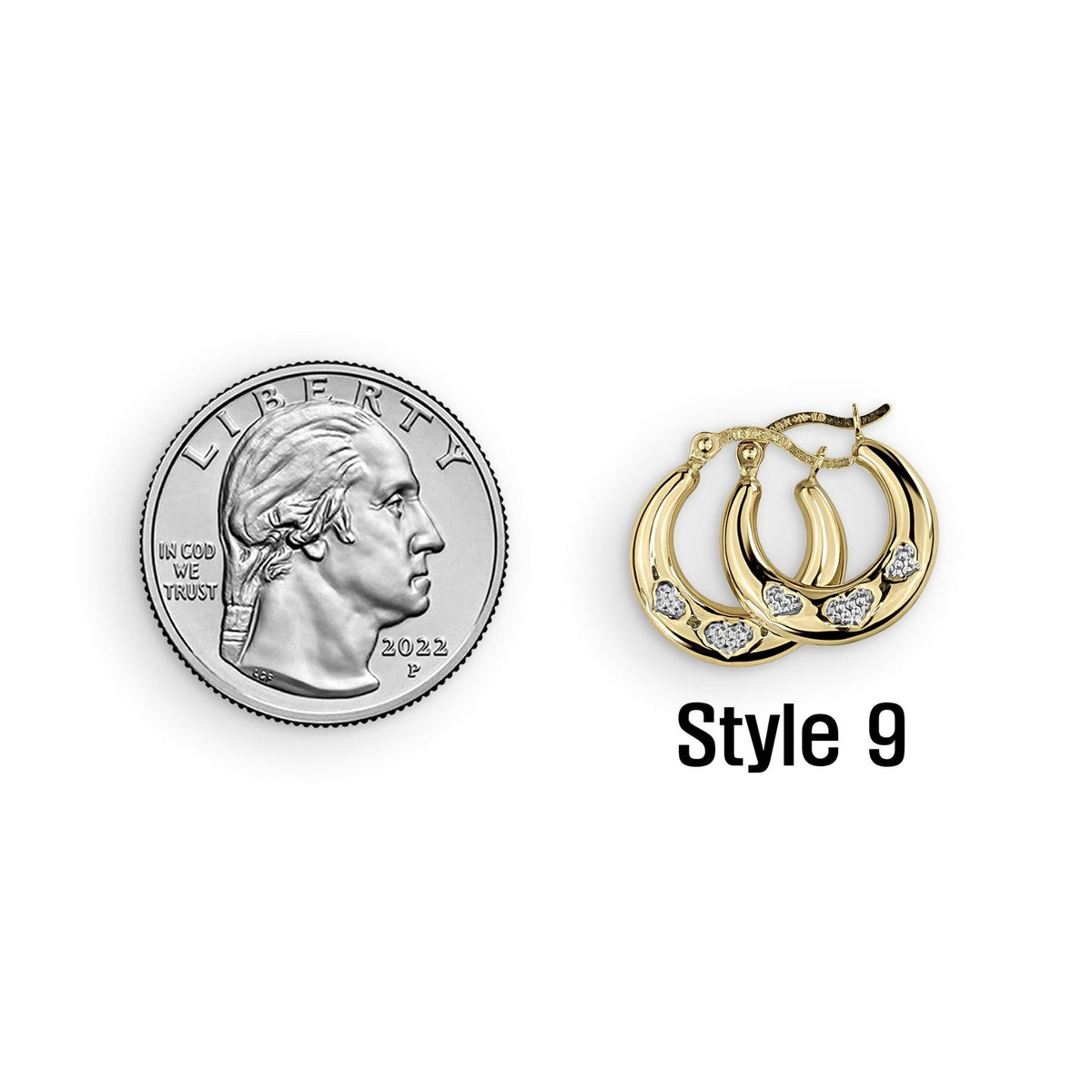 Scale comparison of 14k tricolor gold Style 9 mini hoop earrings with a US quarter.
