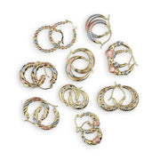 Assortment of 14k tricolor gold fancy mini hoop earrings in nine unique decorative styles.