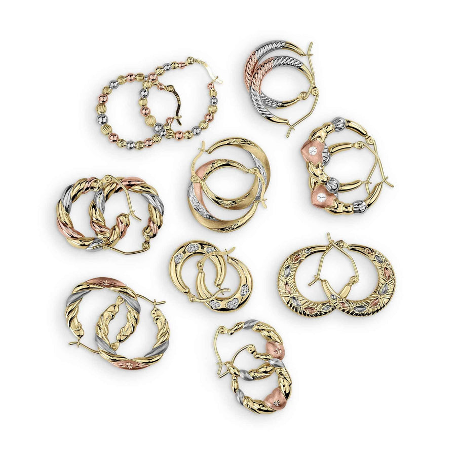Assortment of 14k tricolor gold fancy mini hoop earrings in nine unique decorative styles.