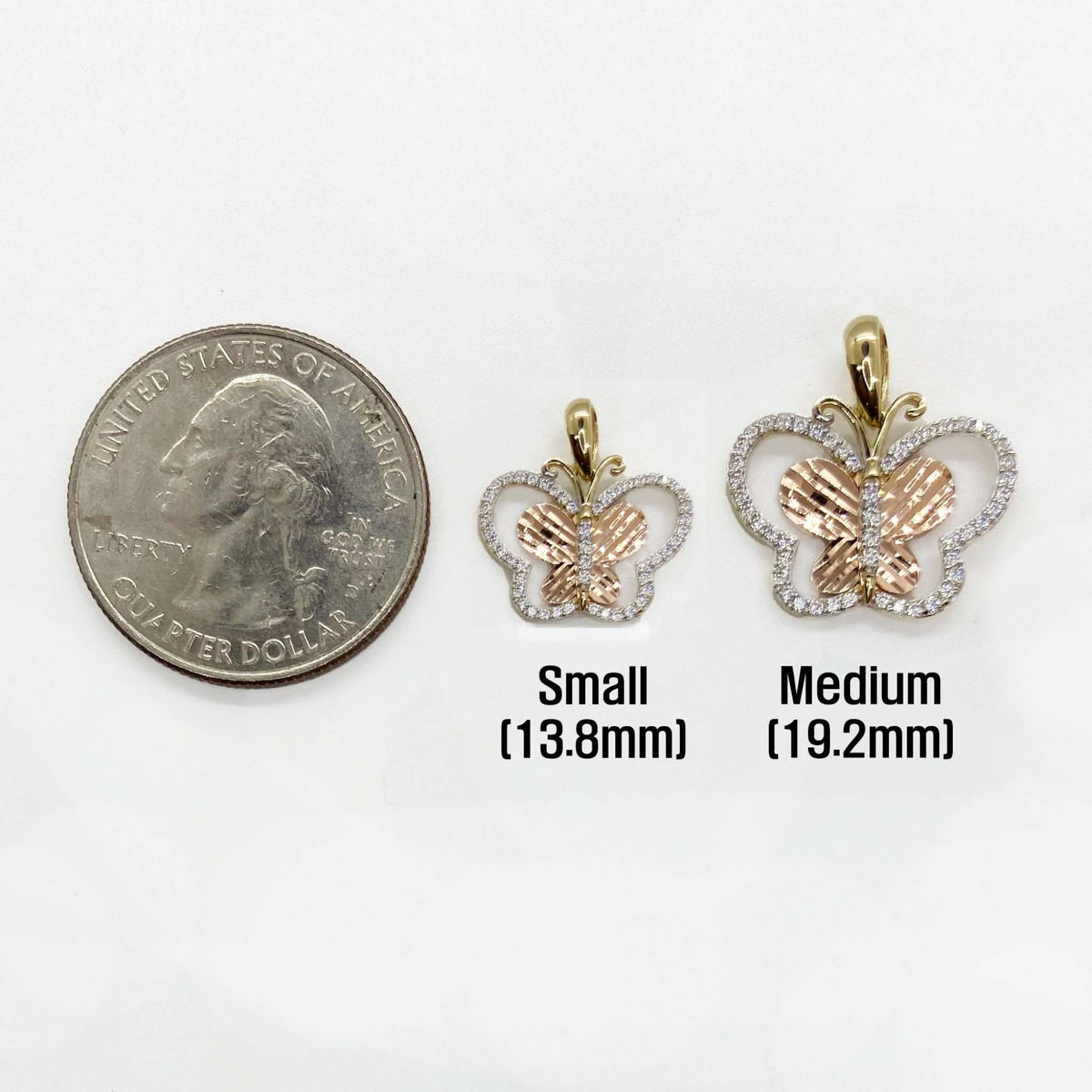 Dimensions diagram for 14k tri-color gold butterfly pendants shown beside a US quarter.