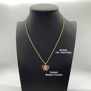 Front view of Medium 14k gold butterfly pendant necklace on black display bust.