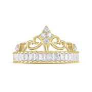 Gold crown-shaped ring featuring geometric cubic zirconia accents displayed on a white background.