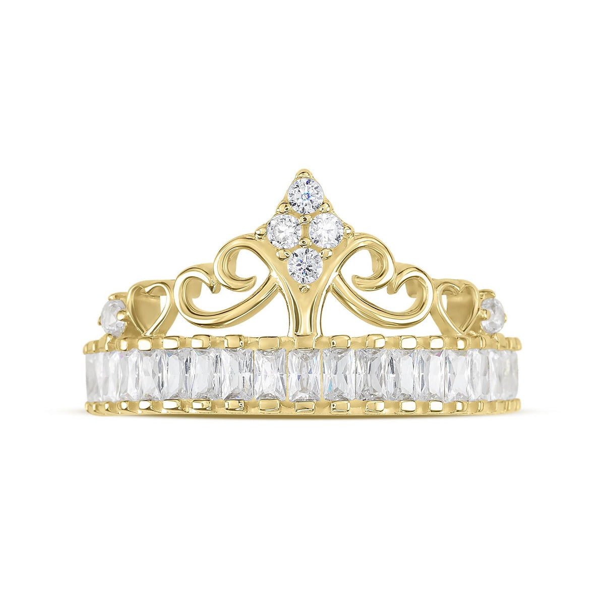 Gold crown-shaped ring featuring geometric cubic zirconia accents displayed on a white background.