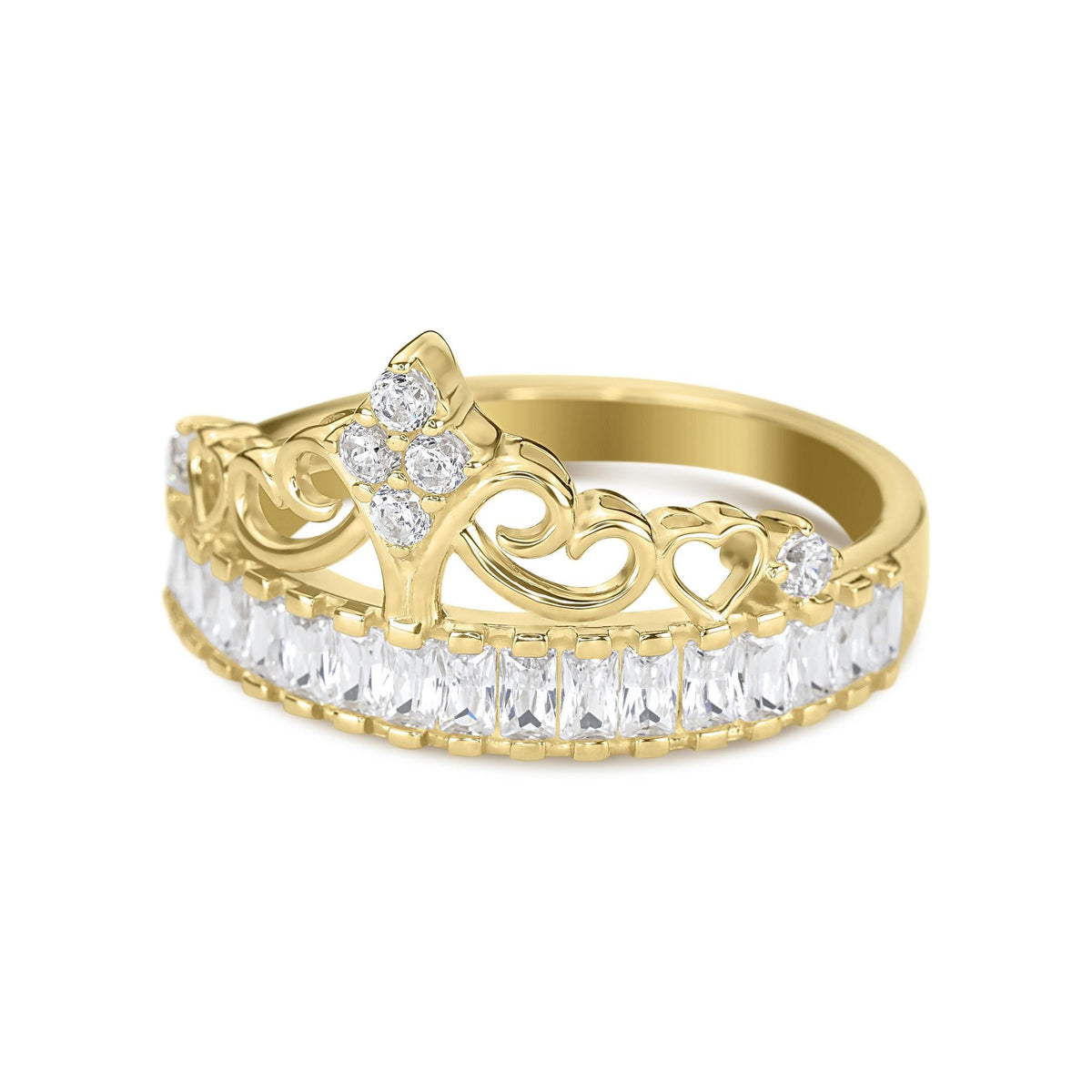 Angled view of a gold heart-filigree crown ring showcasing cubic zirconia on white background.
