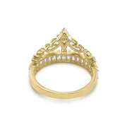 Back view of a gold tiara crown ring showing the smooth inner band.
