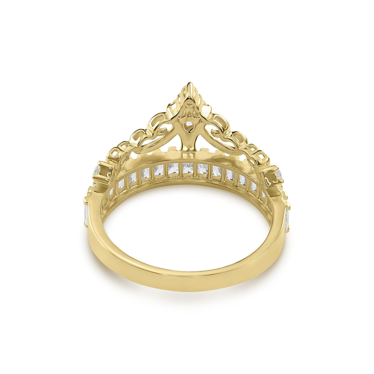 Back view of a gold tiara crown ring showing the smooth inner band.