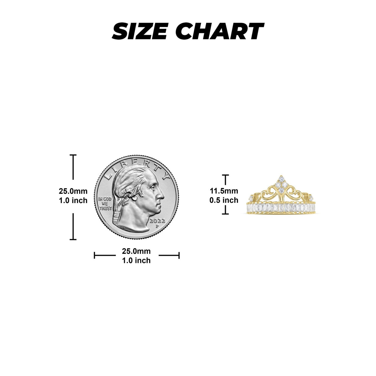 Size chart showing millimeter and inch height measurements of a gold crown ring.
