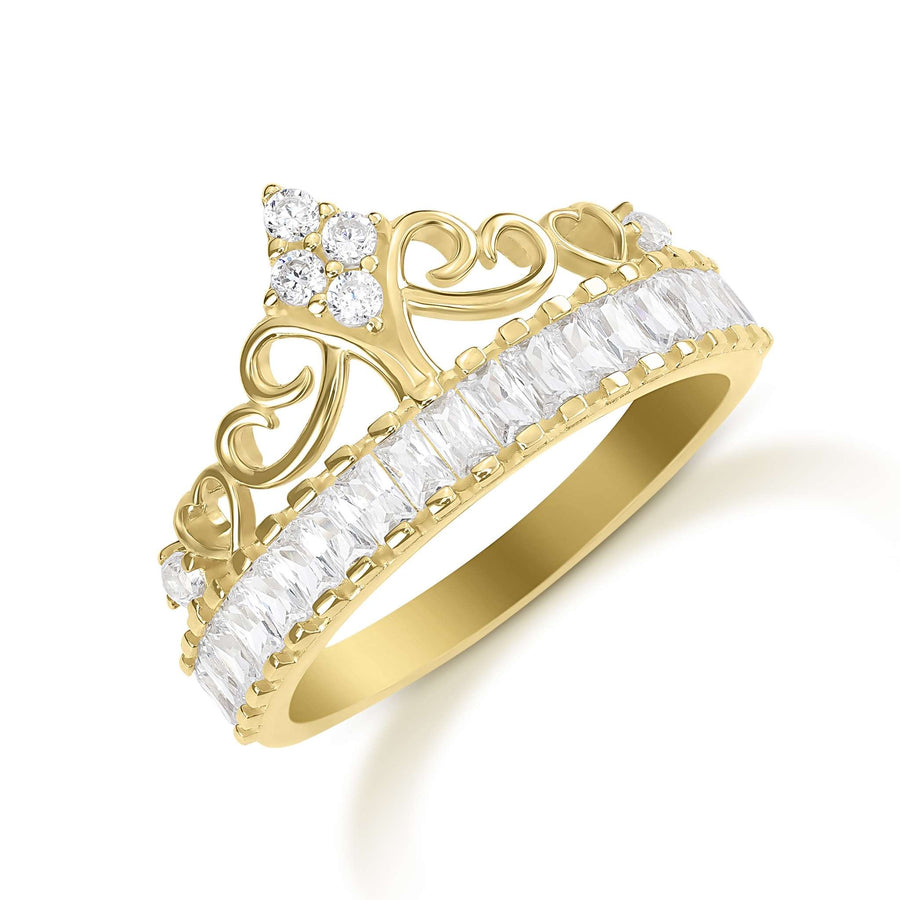 14k gold crown-shaped band ring featuring heart patterns and clear cubic zirconia.