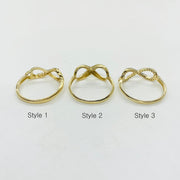 Three 14k gold infinity rings backview labeled Style 1, Style 2, and Style 3 