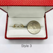 14k infinity Gold ring and silver coin in a red jewelry box with Style 3 text.