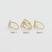 Three 14k gold owl rings sideview labeled Style 1, Style 2, and Style 3 