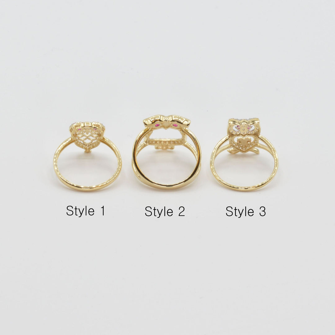 Three 14k gold owl rings back view labeled Style 1, Style 2, and Style 3 