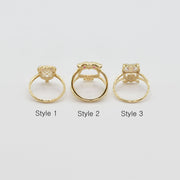 Three 14k gold owl rings back view labeled Style 1, Style 2, and Style 3 