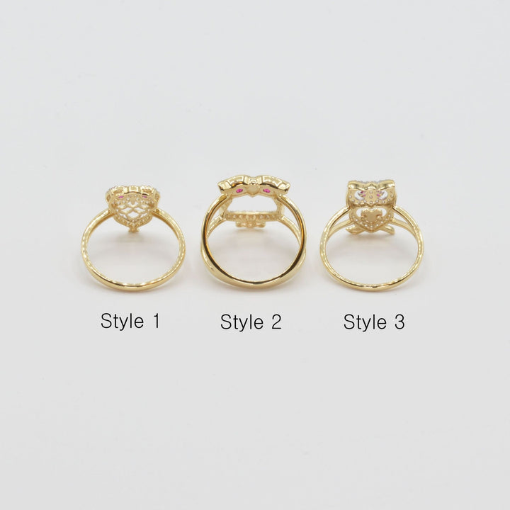 Three 14k gold owl rings back view labeled Style 1, Style 2, and Style 3 