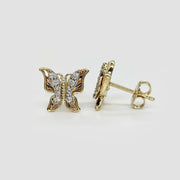 14k gold Aura butterfly stud earrings with tri-color filigree wings and clear cubic zirconia accents.