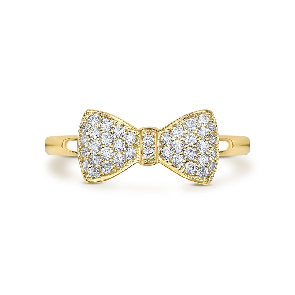 Direct front view of a 14k yellow gold bow ring with cubic zirconia