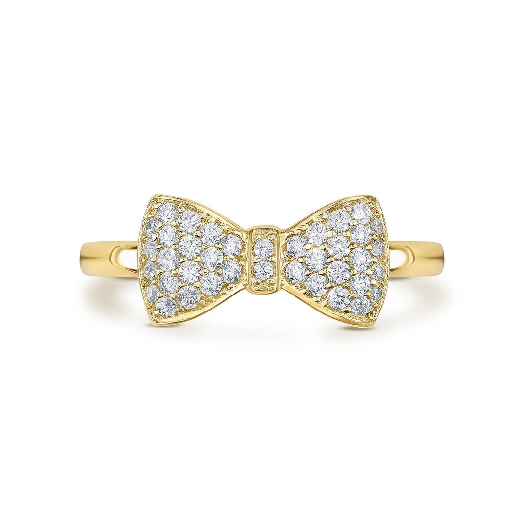 Direct front view of a 14k yellow gold bow ring with cubic zirconia
