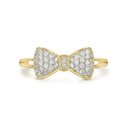 Direct front view of a 14k yellow gold bow ring with cubic zirconia