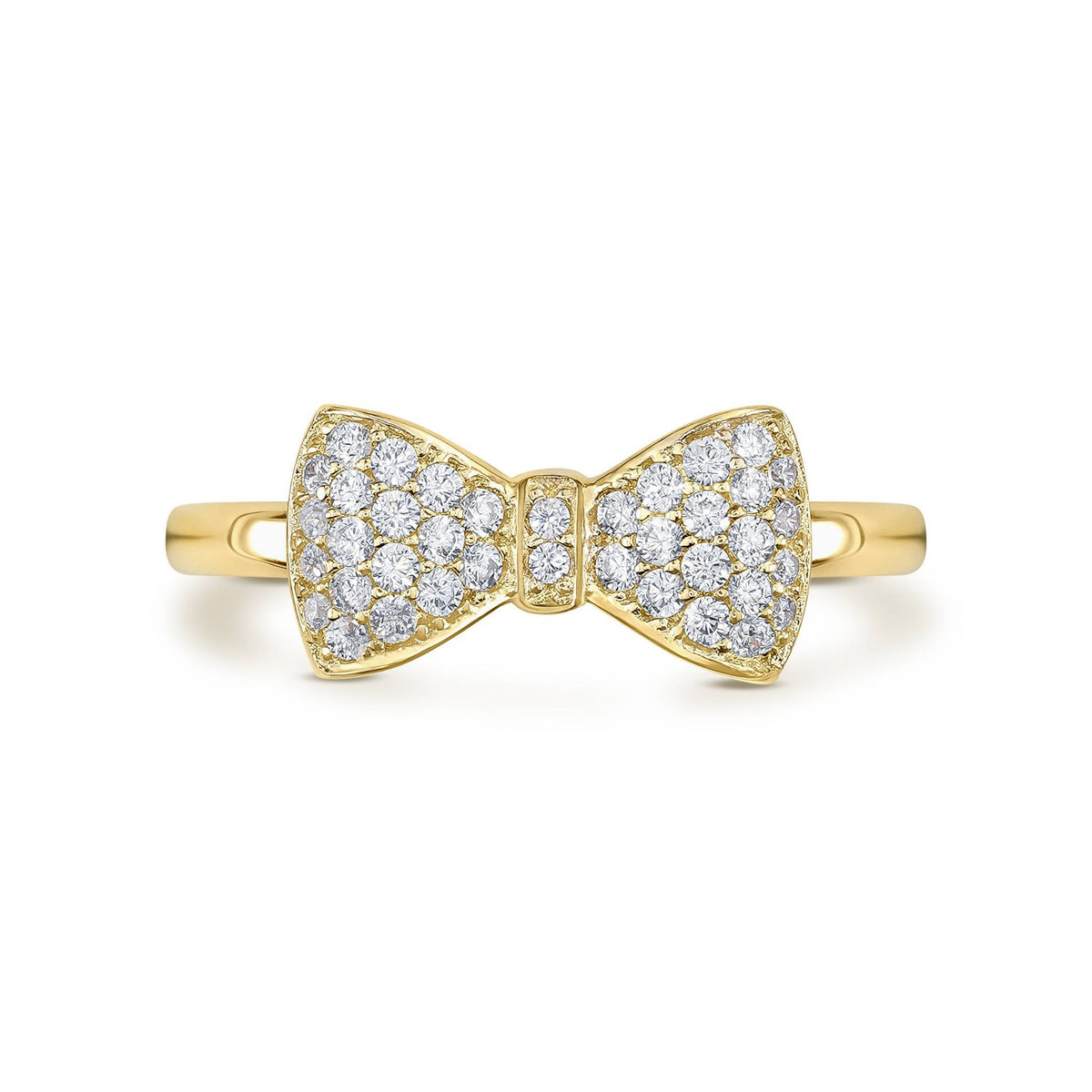 Direct front view of a 14k yellow gold bow ring with cubic zirconia