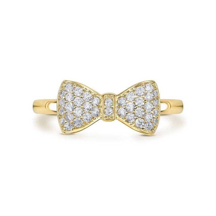 Direct front view of a 14k yellow gold bow ring with cubic zirconia