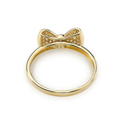 14k yellow gold ribbon bow ring with cubic zirconia stones, back profile view.