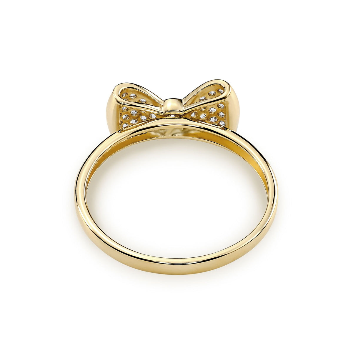 14k yellow gold ribbon bow ring with cubic zirconia stones, back profile view.