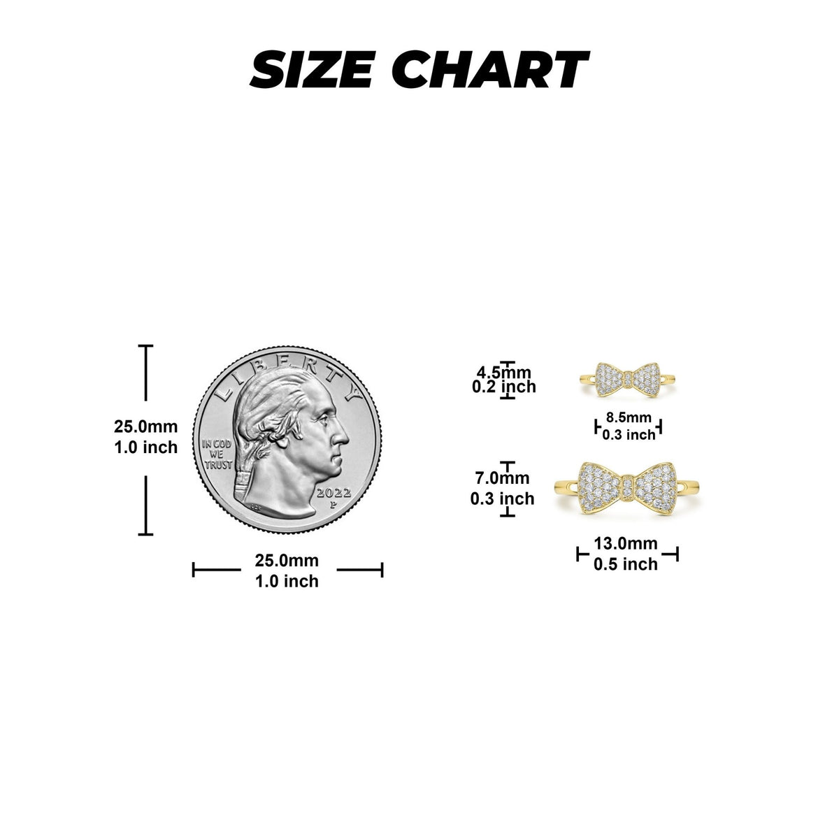 14k gold bow ring size chart with millimeter and inch measurements for two sizes.