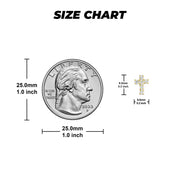 Size guide comparing a 6mm by 8mm cross earring to a US quarter coin.