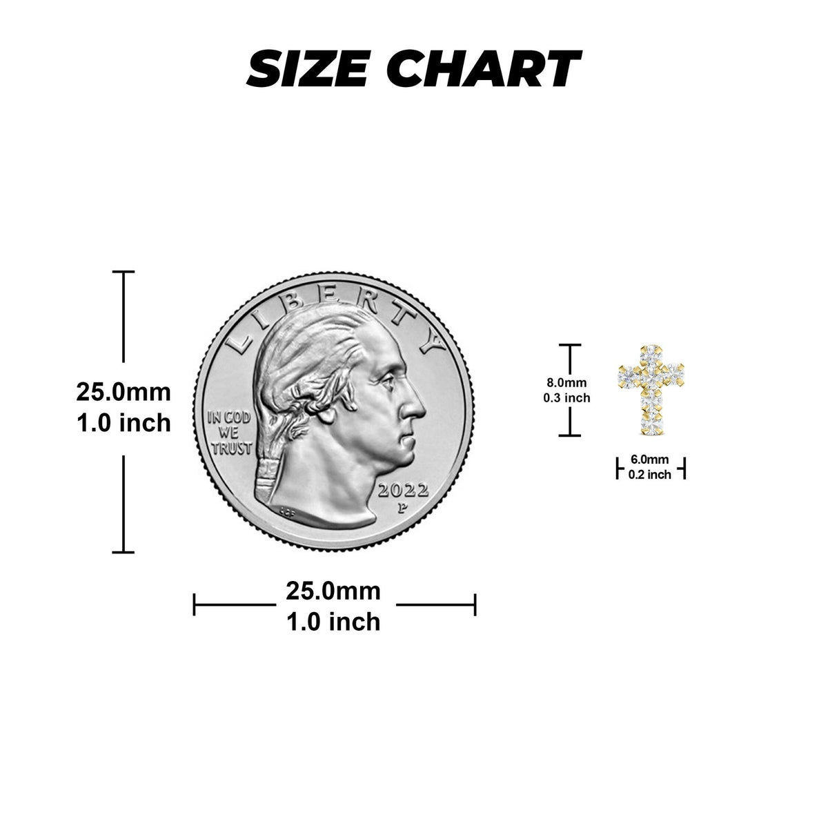 Size guide comparing a 6mm by 8mm cross earring to a US quarter coin.