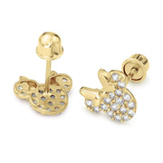 Pair of 14k gold mouse stud earrings showing front and screw-back design.