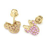 Two 14k gold mouse stud earrings featuring pink cubic zirconia and secure screw-back posts.