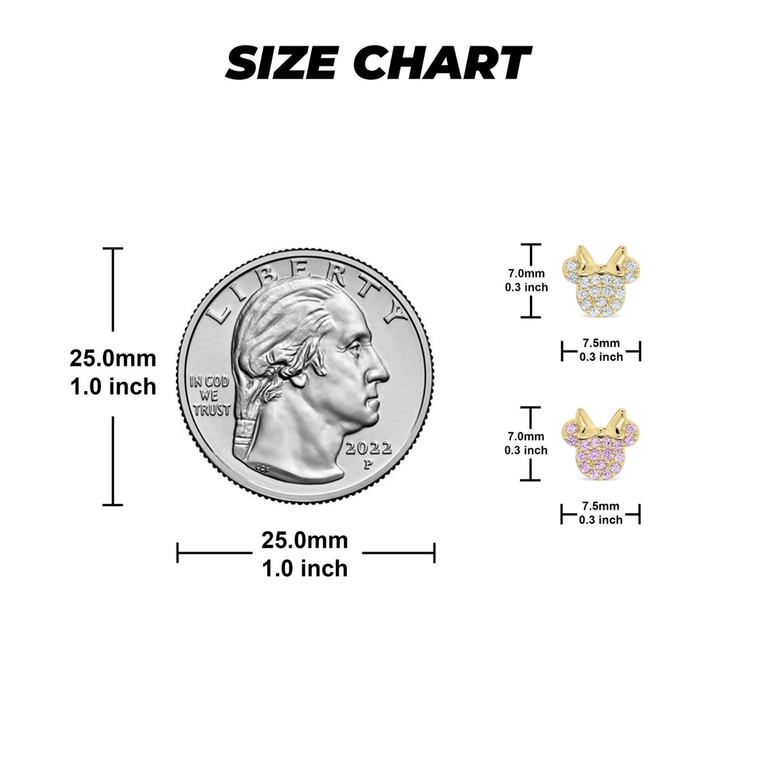 Size chart comparing a 7.5mm by 7.0mm mouse stud earring to a US quarter.