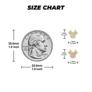 Size chart comparing a 7.5mm by 7.0mm mouse stud earring to a US quarter.