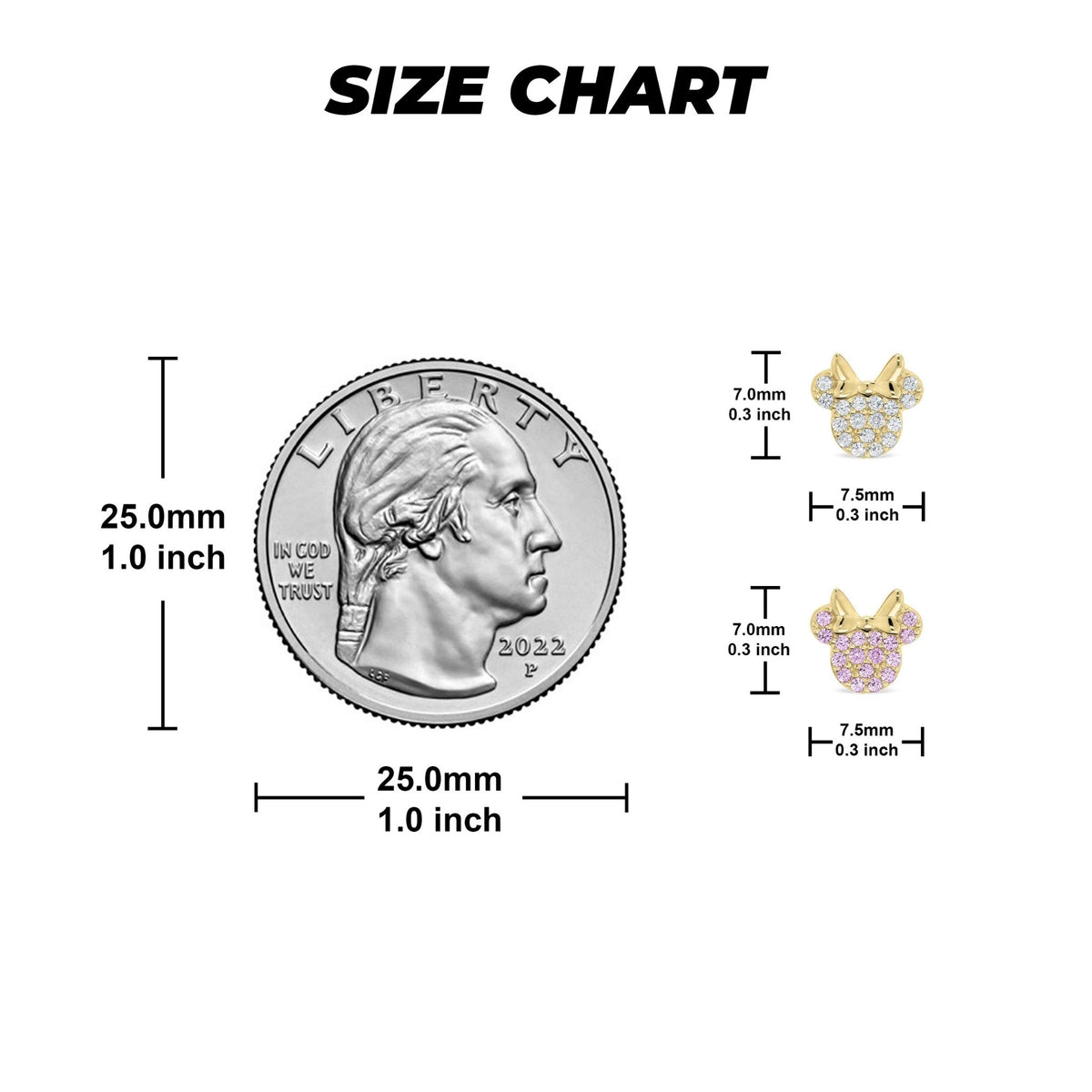 Size chart comparing a 7.5mm by 7.0mm mouse stud earring to a US quarter.
