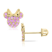 Close-up of 14k gold mouse stud earring showcasing pink zirconia stones and screw-back.