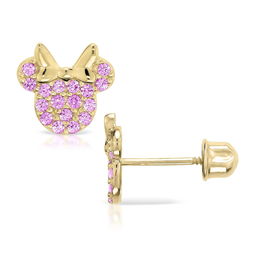 Close-up of 14k gold mouse stud earring showcasing pink zirconia stones and screw-back.