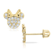 14k yellow gold mouse-shaped stud earring with cubic zirconia and a screw back.