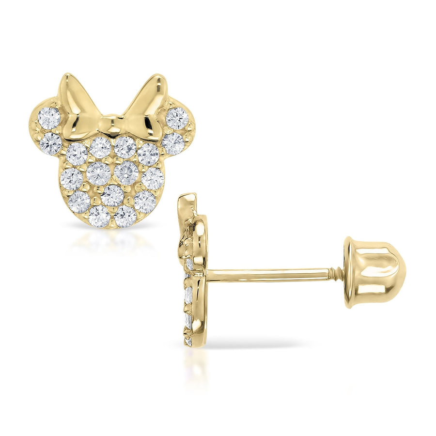 14k yellow gold mouse-shaped stud earring with cubic zirconia and a screw back.