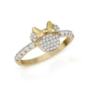 A closer look at the stunning, stone-encrusted detailing of a gold Minnie Mouse ring.