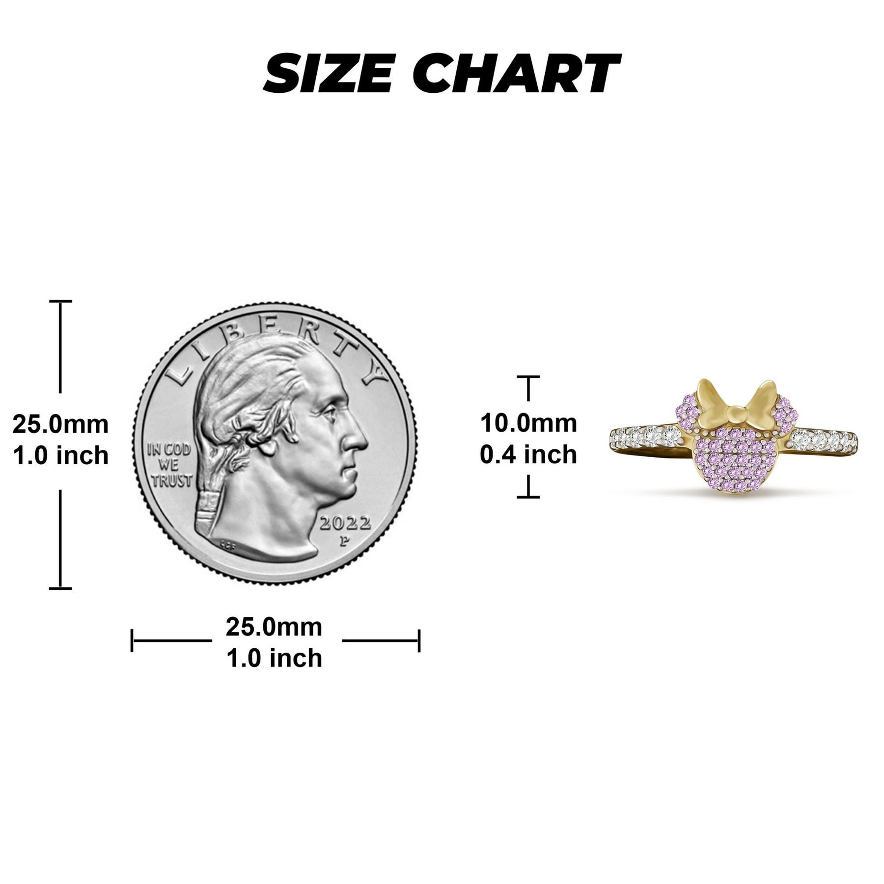 Size guide showing the millimeter and inch measurements of the gold mouse ring.