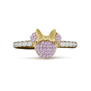 Front view of a 14k gold ring featuring a mouse head paved with pink stones.