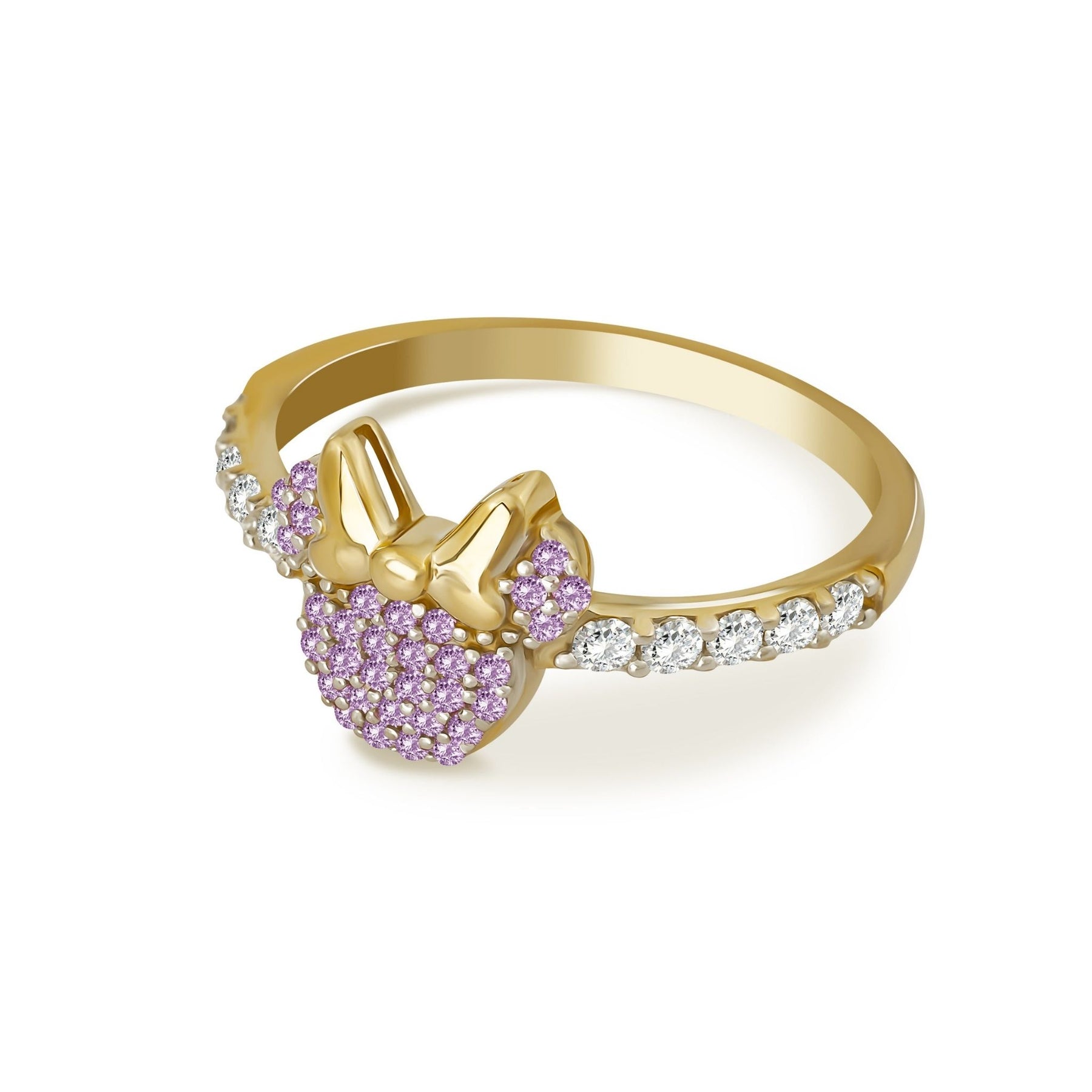 Side-angle view of a gold ring with a pink stone-paved mouse head and a gold bow.
