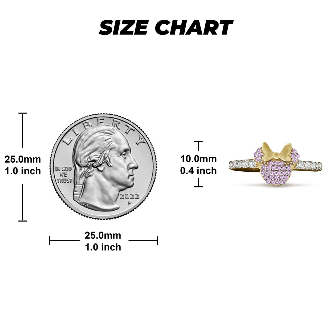 Size chart comparing a pink stone-paved gold mouse ring to a US quarter.